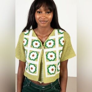 Green Floral Crochet Short Sleeve Cardigan Sweater